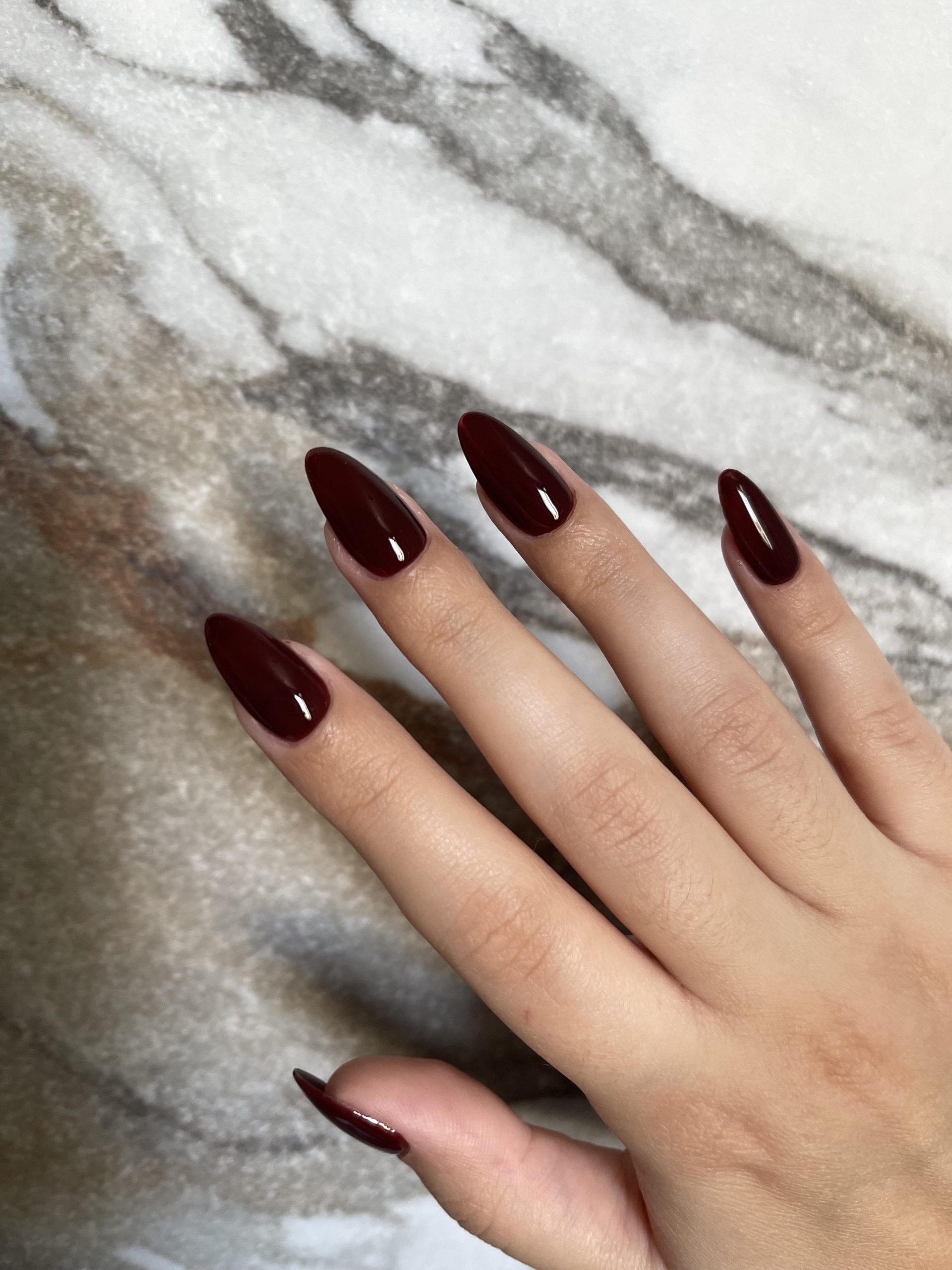 Deep Burgundy Brown Glossy Stilettos — Brown Nail Designs