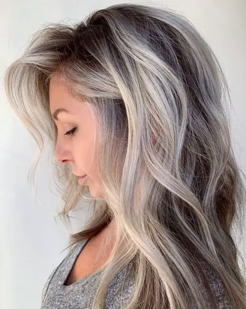 Long Layers Ash Blonde With Silver-White Highlights Long Layers Ash Blonde With Silver-White Highlights — Winter Hair Colors for Gray Hair