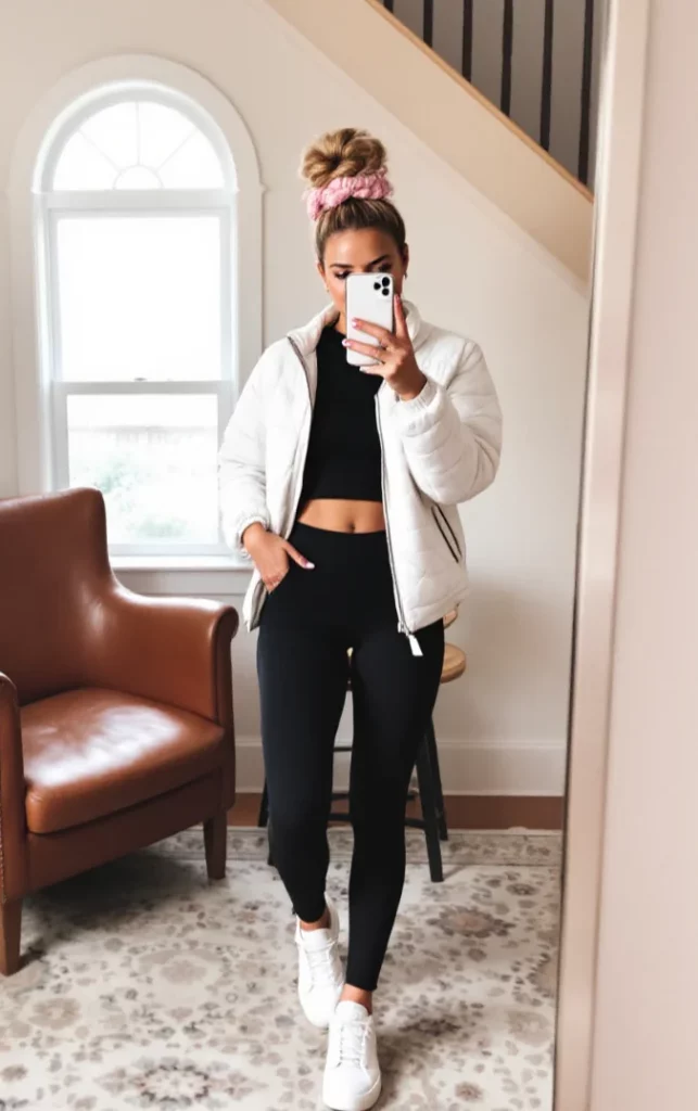 White Puffer Jacket Over Black Crop Top for Winter Workouts — Winter Workout Outfits