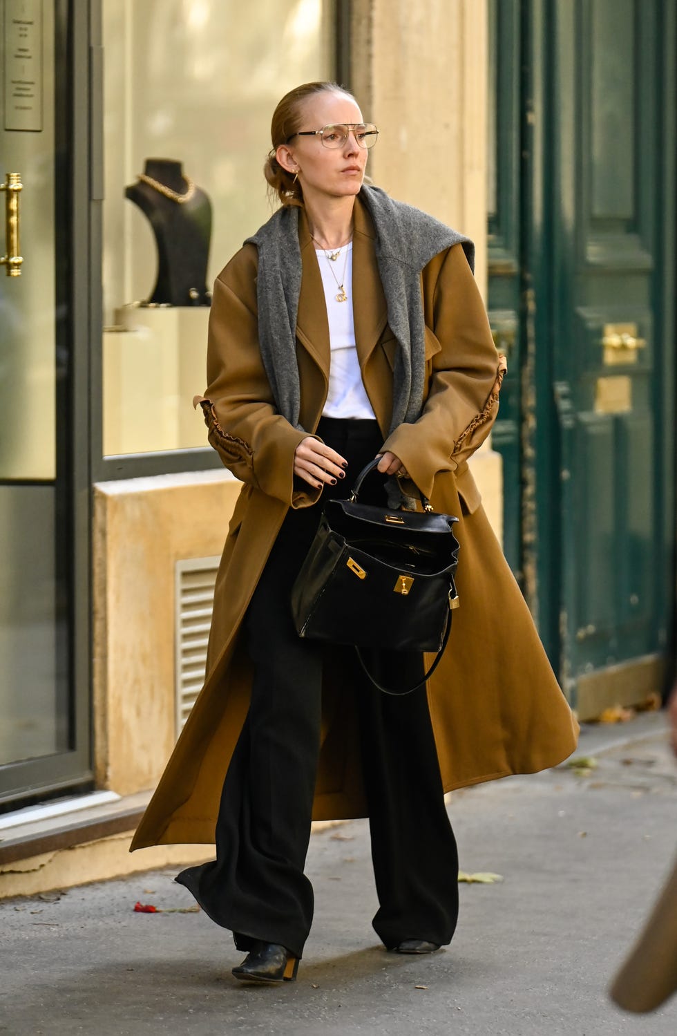Oversized Camel Coat with White Tee and Wide-Leg Trousers — Long Coat Outfits