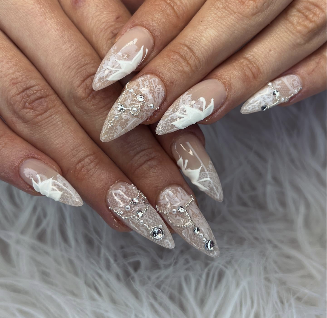 Glossy With Shimmer Lace Pearl Rhinestone Stiletto Nails — Lace Nails