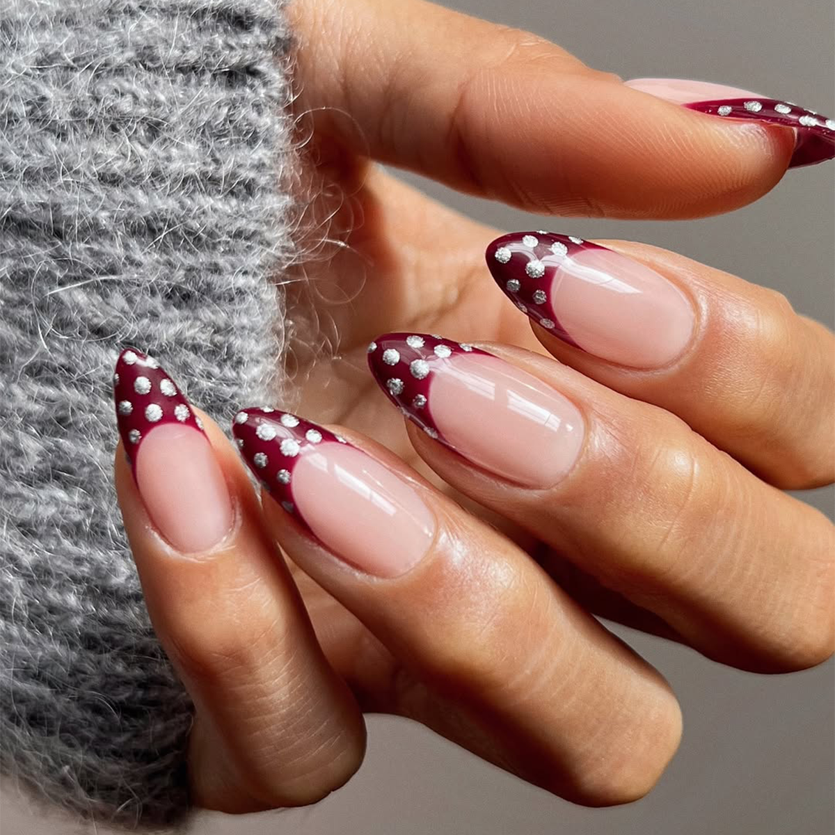 Burgundy French Glitter Dot Almond Nails — Winter Gel Nails