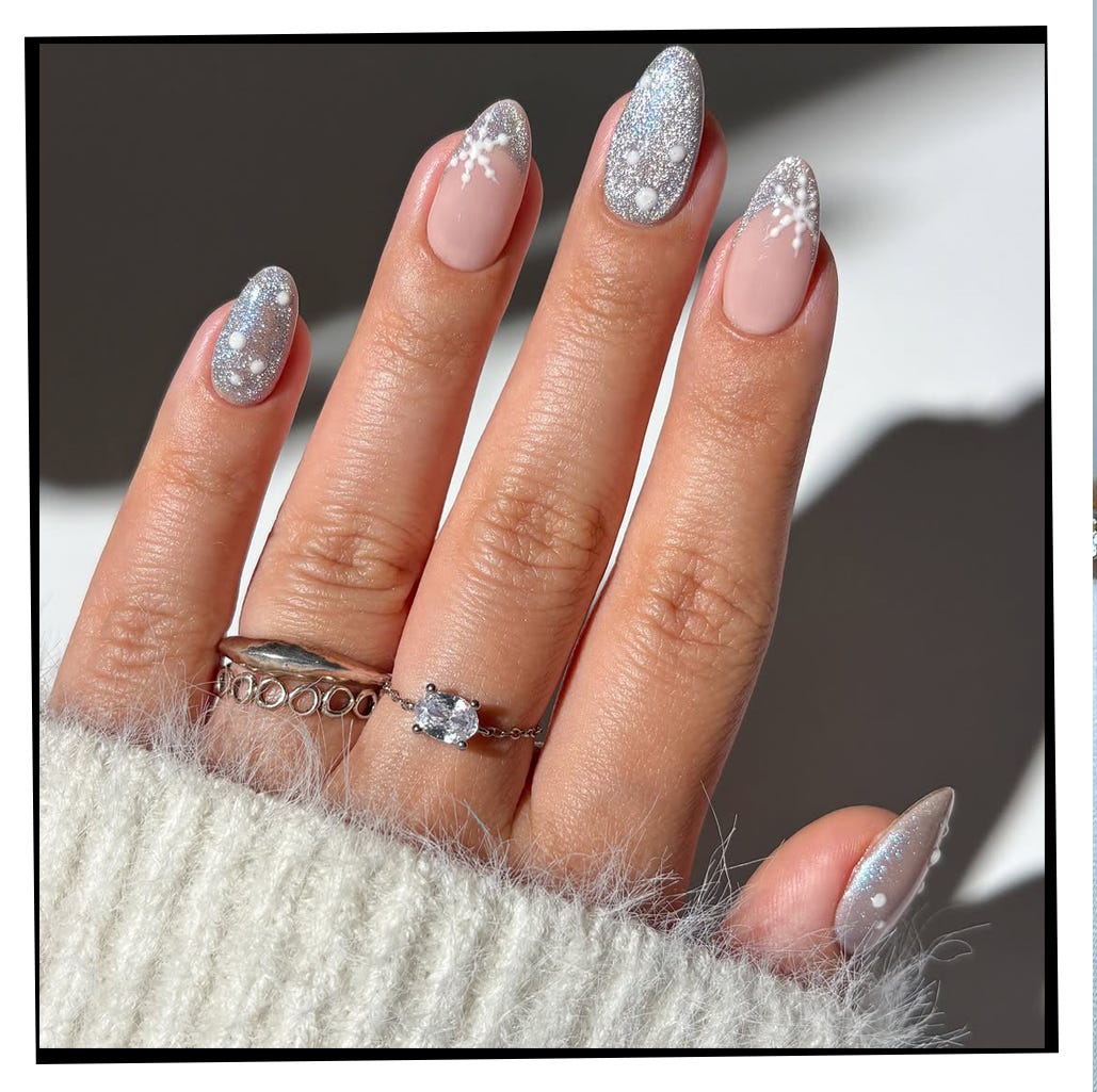 Nude Nails with Silver Glitter Snowflakes and French Tips Nude Nails with Silver Glitter Snowflakes and French Tips — Cute Winter Nails