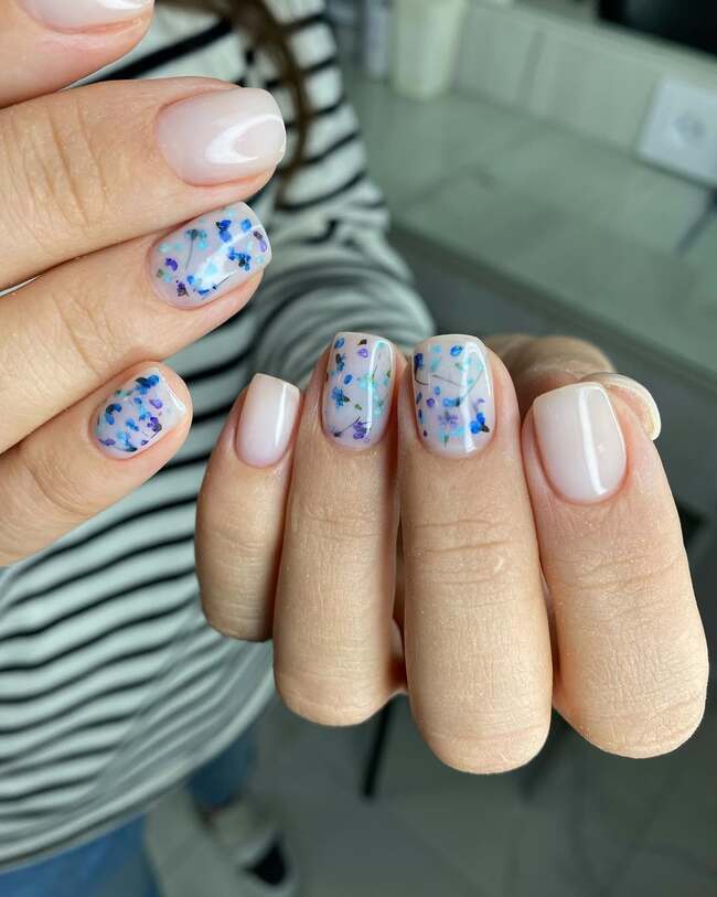 Nude with Scattered Blue and Purple Florals Nude with Scattered Blue and Purple Florals — Short Nail Designs