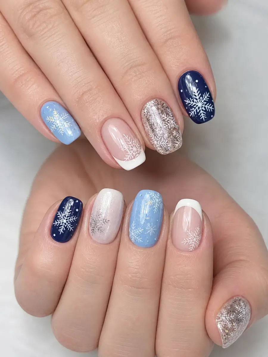 Navy Snowflake French Almond Square Nails Navy Snowflake French Almond Square Nails — Classy Winter Nails