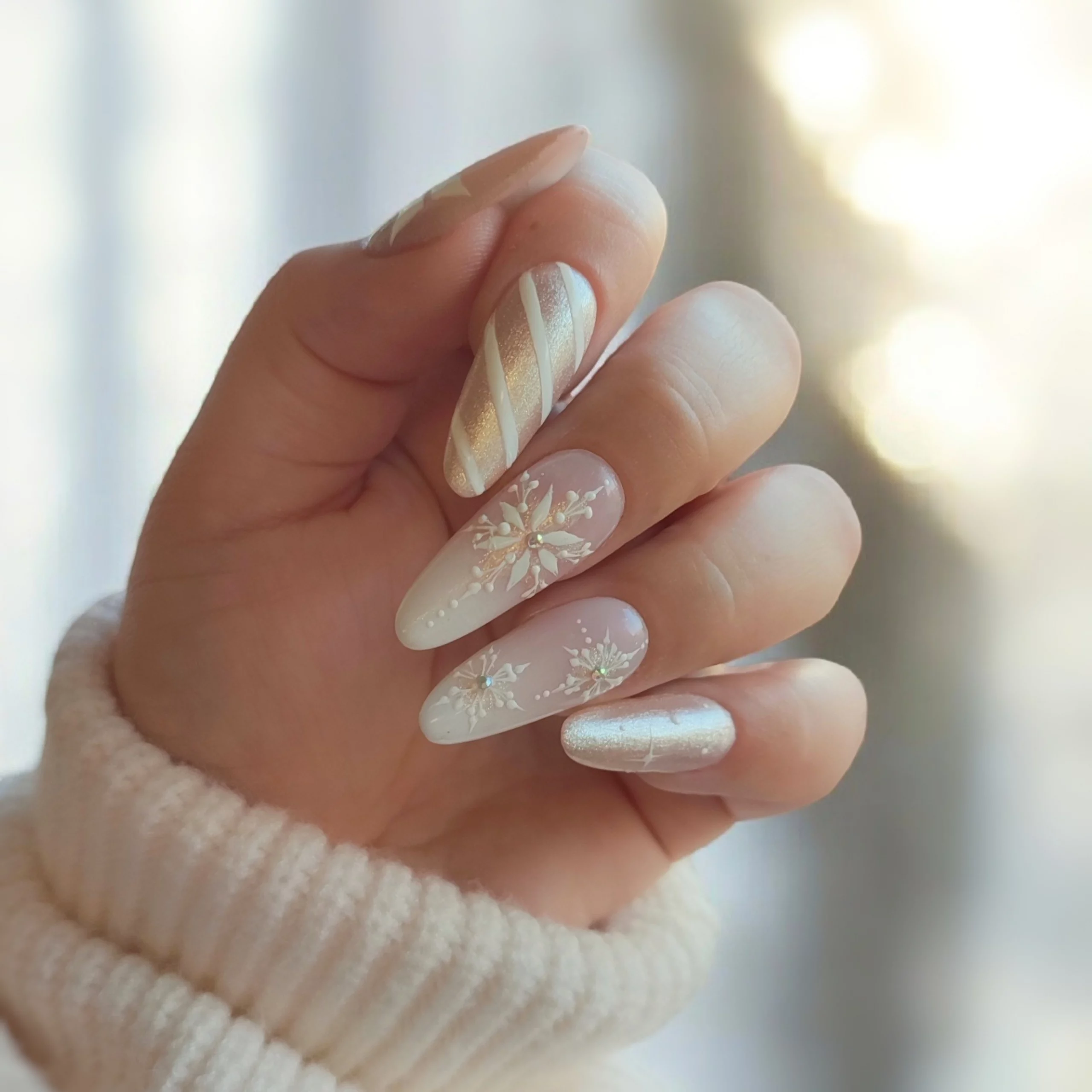 Snowflakes Stripes Glitter Visual Idea — Minimalist Winter Nails