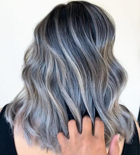 No Bangs Shoulder-Length With Dark Base and Gray Highlights No Bangs Shoulder-Length With Dark Base and Gray Highlights — Gray Blending Highlights