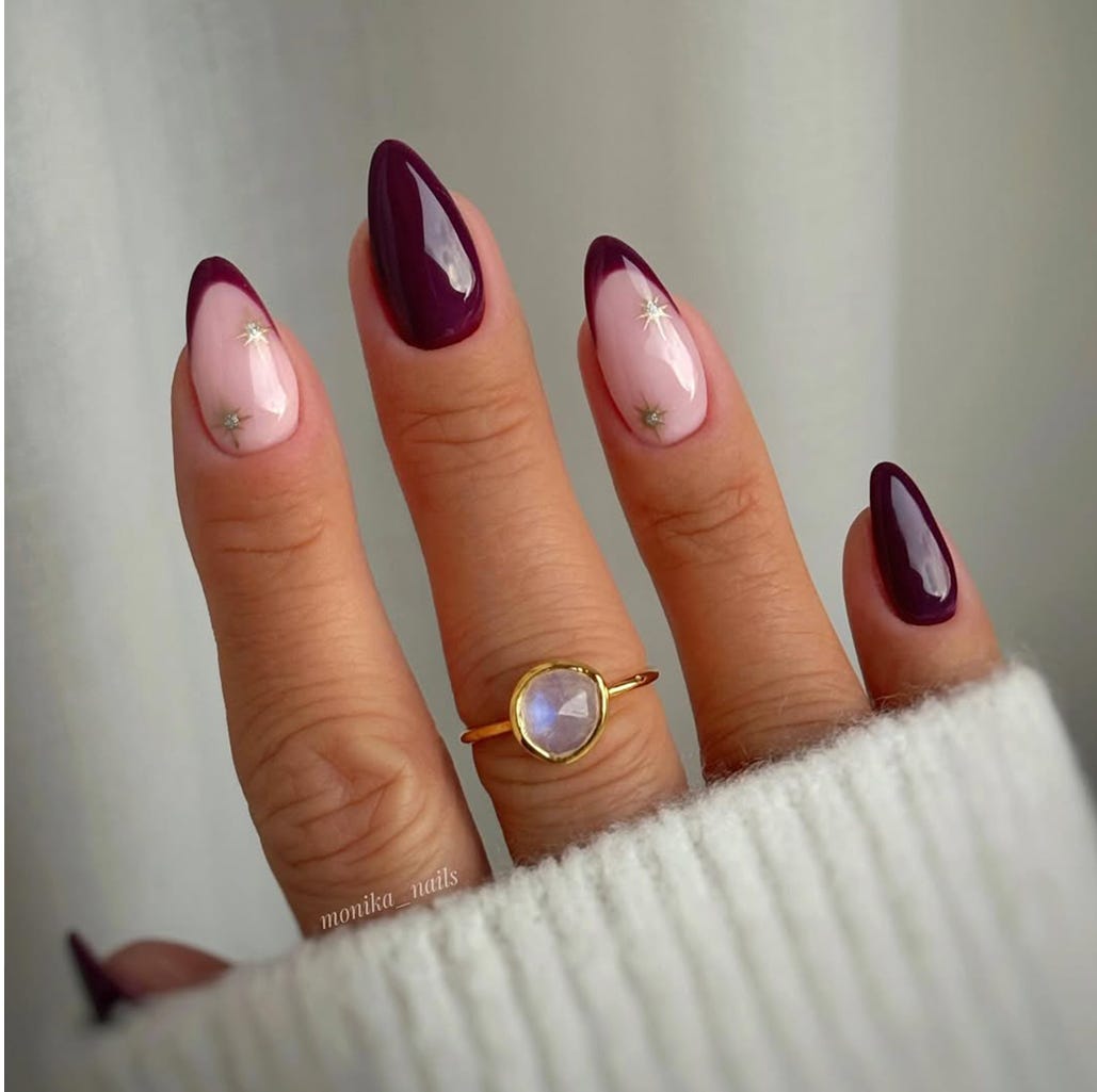 Burgundy French Tips with Stars Burgundy French Tips with Stars — Medium Length Winter Nails