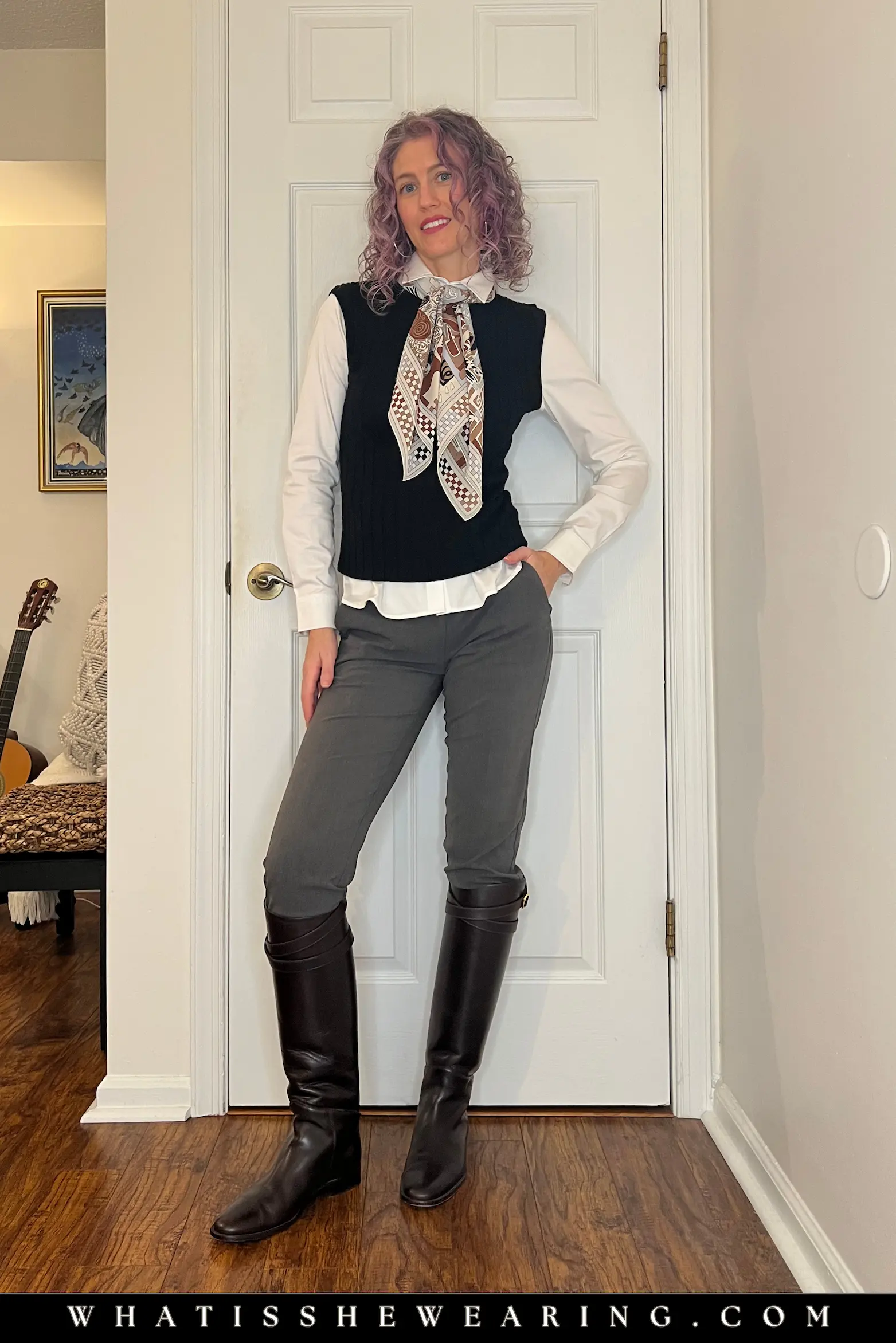 Riding Boots with Sweater Vest and Silk Scarf Riding Boots with Sweater Vest and Silk Scarf — Riding Boots Outfits