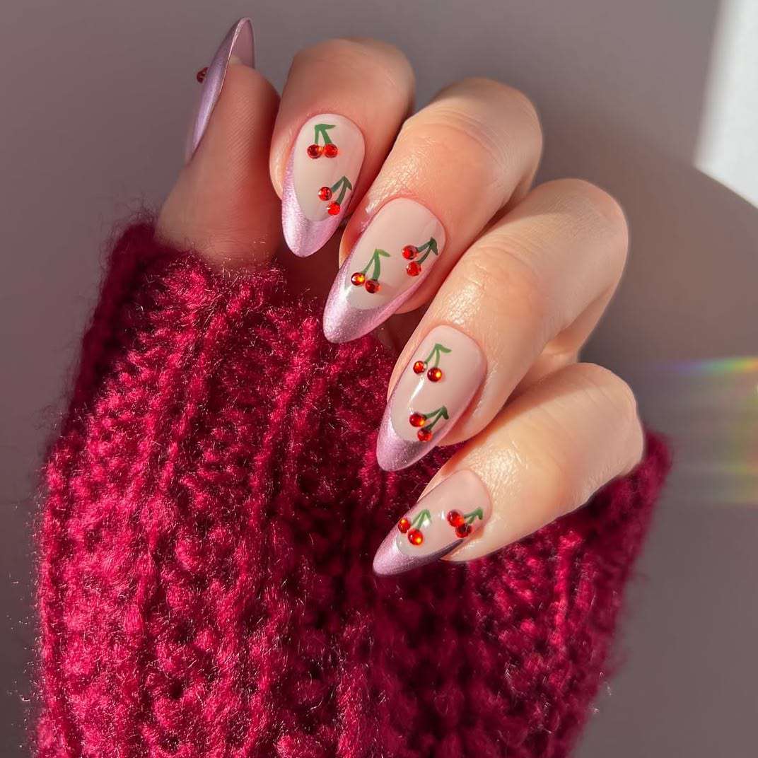 Medium Almond Cherry Art French Medium Almond Cherry Art French — French Nail Designs