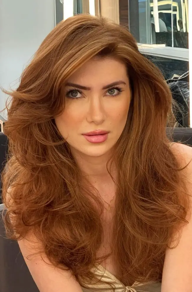 Copper Red Shoulder Blowout — Winter Hair Colors for Women Over 40