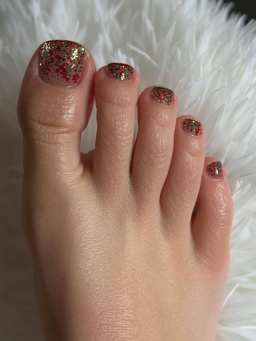 Clear Gold Glitter Snowflake Toenails Clear Gold Glitter Snowflake Toenails — Winter Toe Nails