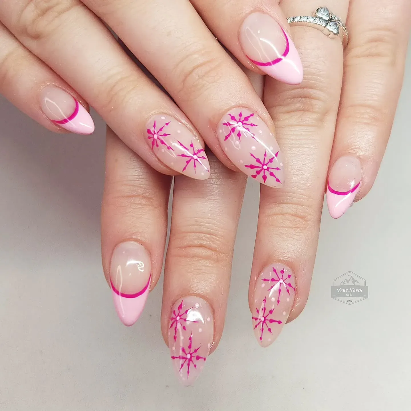 Sheer Pink Bright Pink Snowflake Nails — Everyday Winter Nails