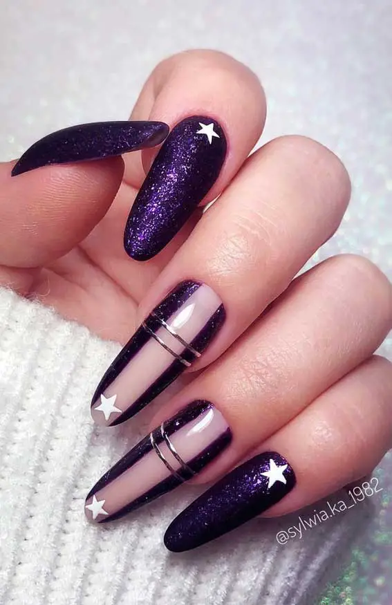 Purple Glitter with Nude Silver Stripes Purple Glitter with Nude Silver Stripes — Winter Purple Nails