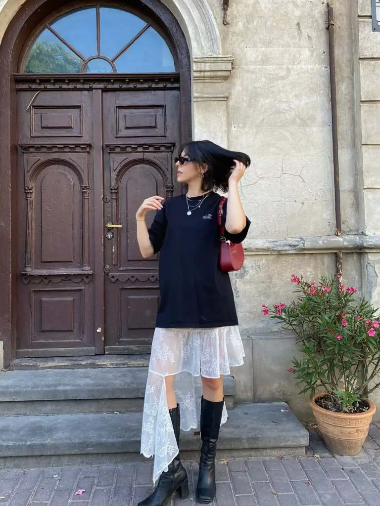 T-Shirt Dress Over Slip Dress with Red Crossbody Bag — Knee High Boots Outfits