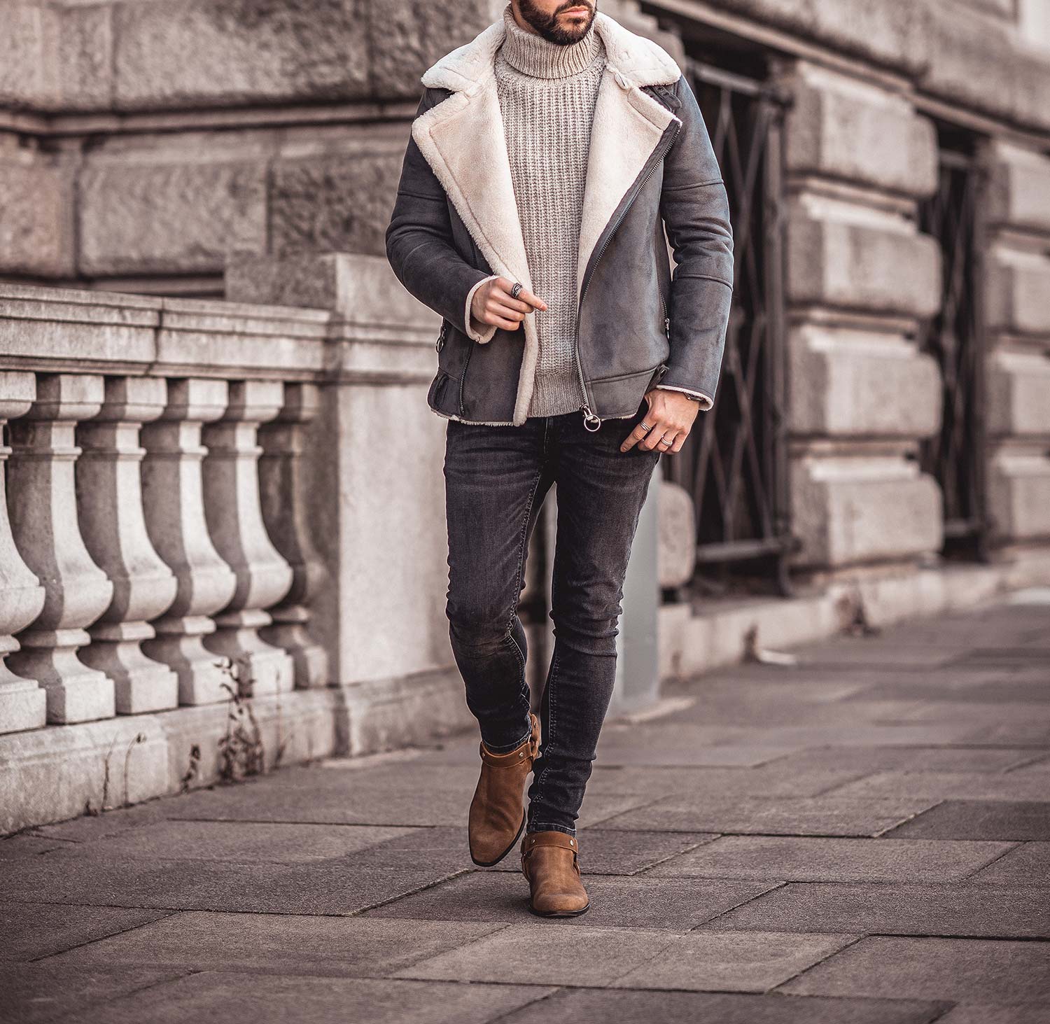 Rugged Winter Style: Shearling Jacket and Turtleneck Rugged Winter Style: Shearling Jacket and Turtleneck — Winter Outfits for Men