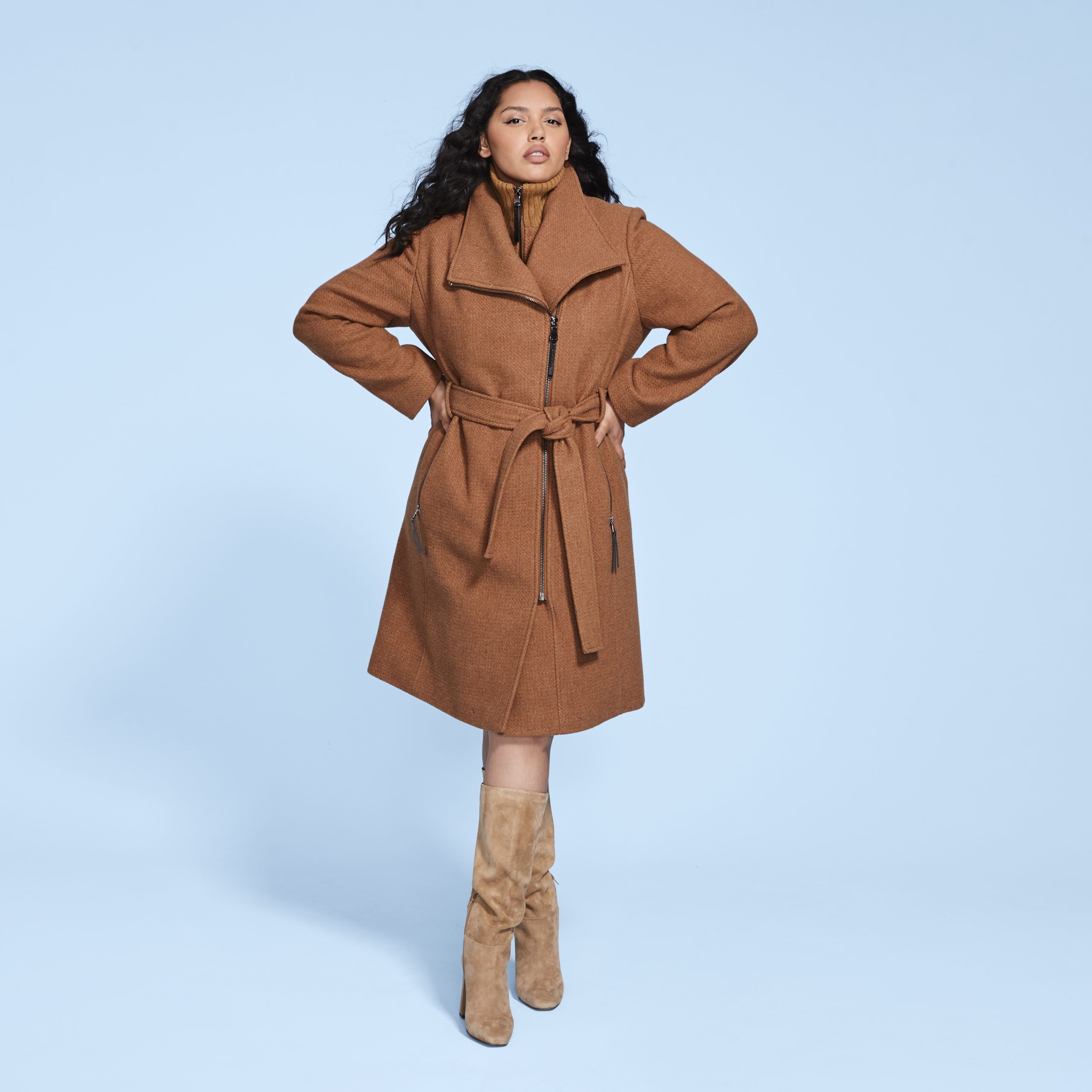 Camel Wool Blend Coat with Tie Belt and Knee-High Boots Camel Wool Blend Coat with Tie Belt and Knee-High Boots — Winter Coats for Women