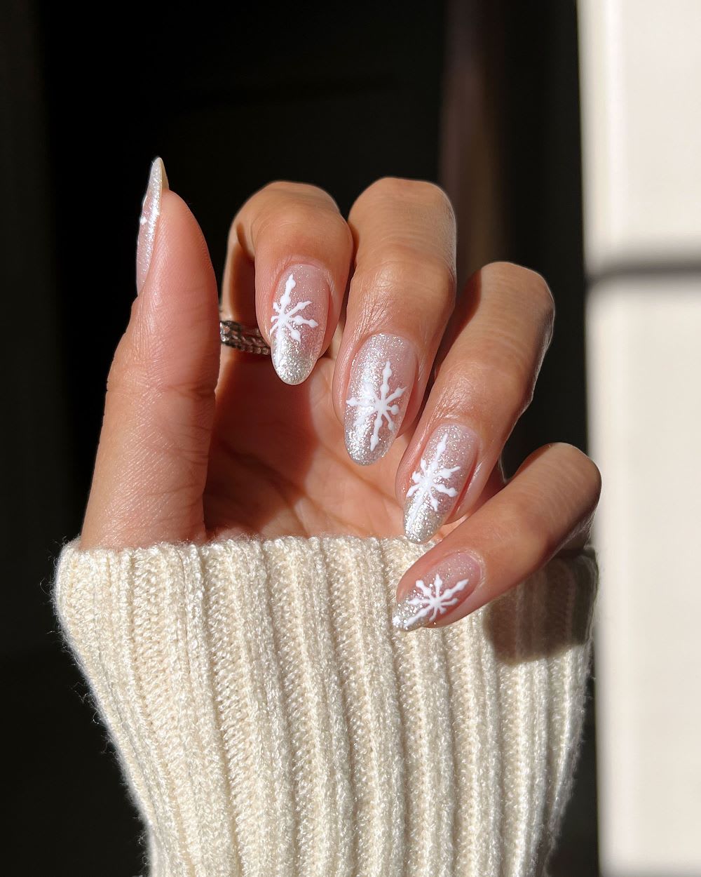 Medium Almond Glitter Base with White Snowflakes — Winter Nail Art