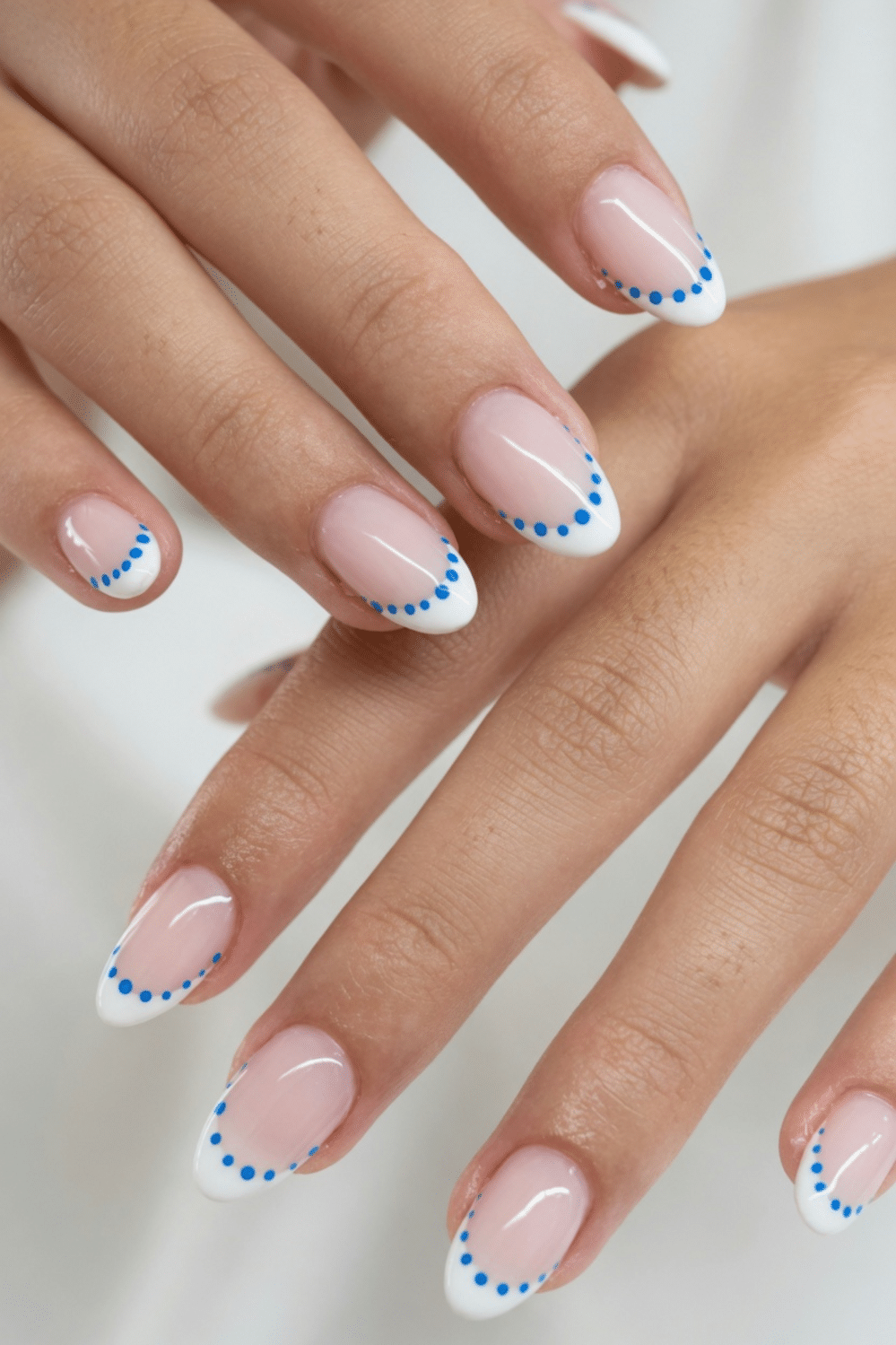 Blue Dotted French Almonds Blue Dotted French Almonds — Trendy Almond Nail Designs