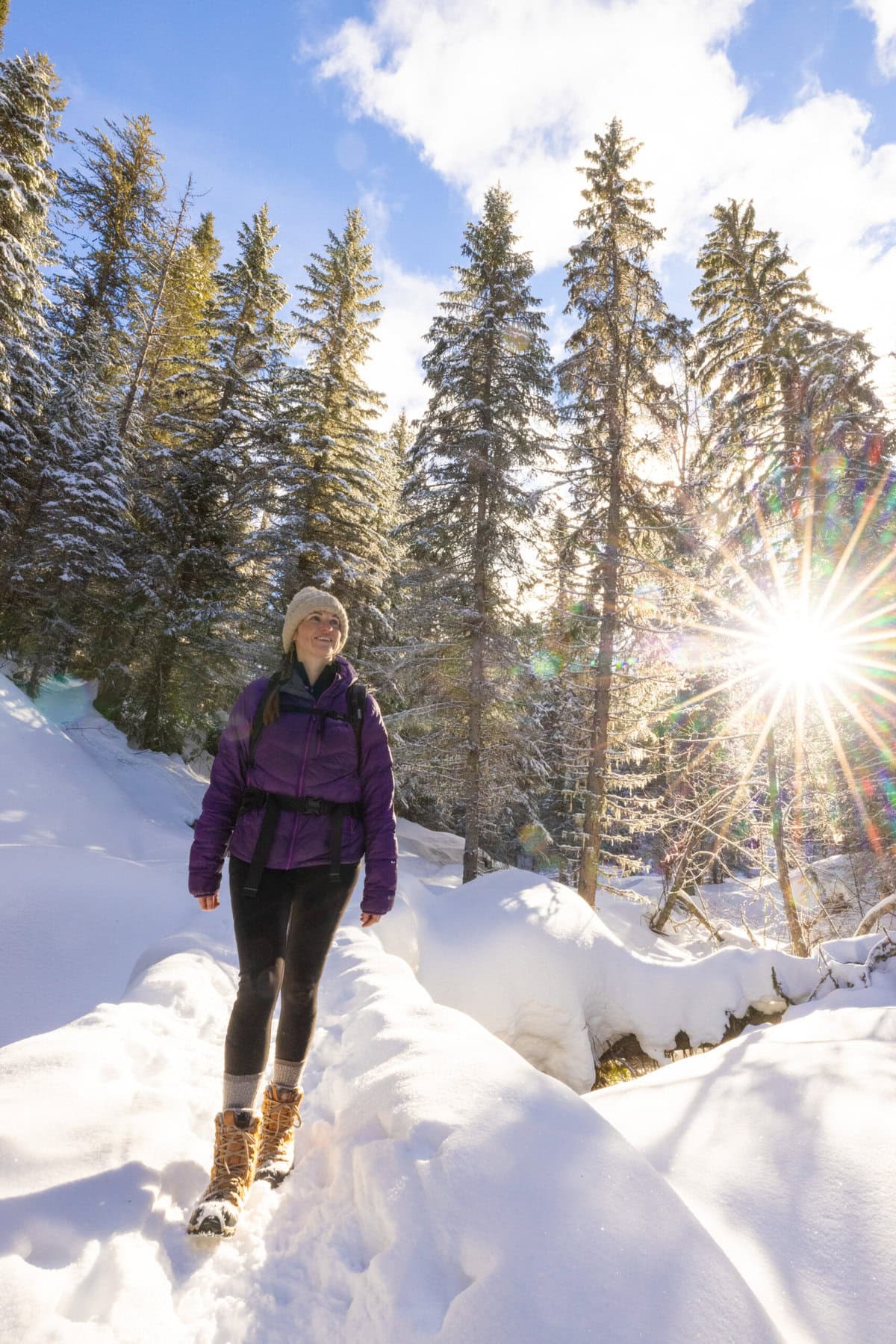 Bright Puffer and Knit Hat for Snowy Trails — Winter Hiking Outfits