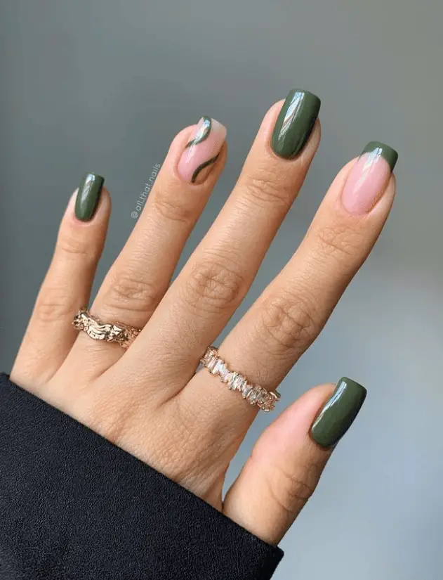 Olive Green Abstract Wavy Lines Nails — Everyday Winter Nails