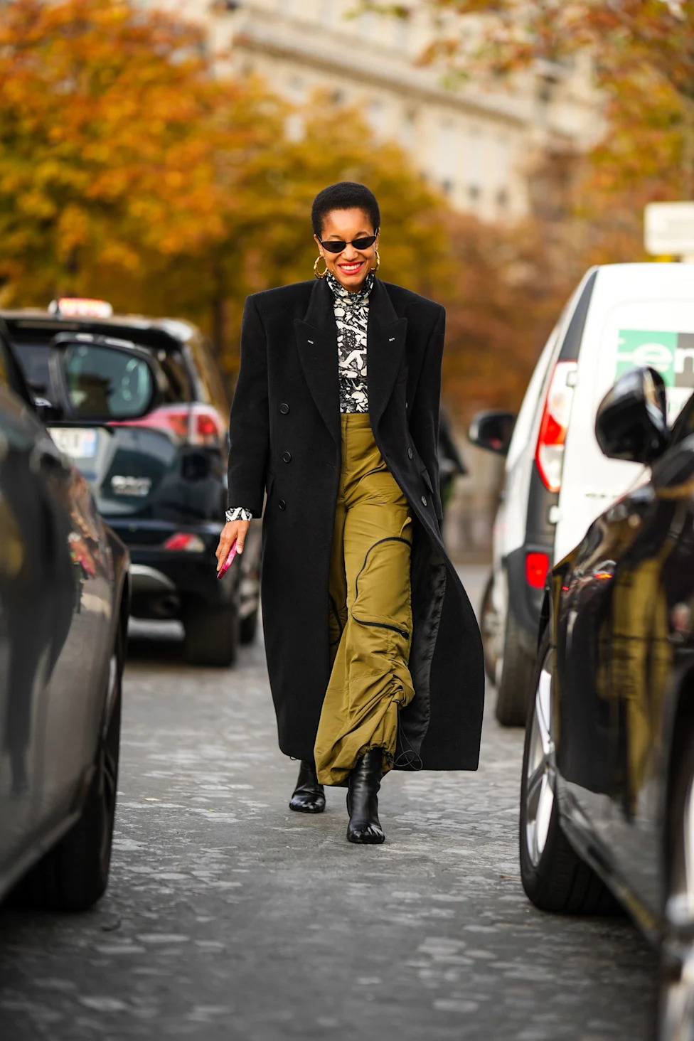 Contrasting Textures: Wool Coat, Printed Blouse, and Cargo Trousers — Winter Going Out Outfits