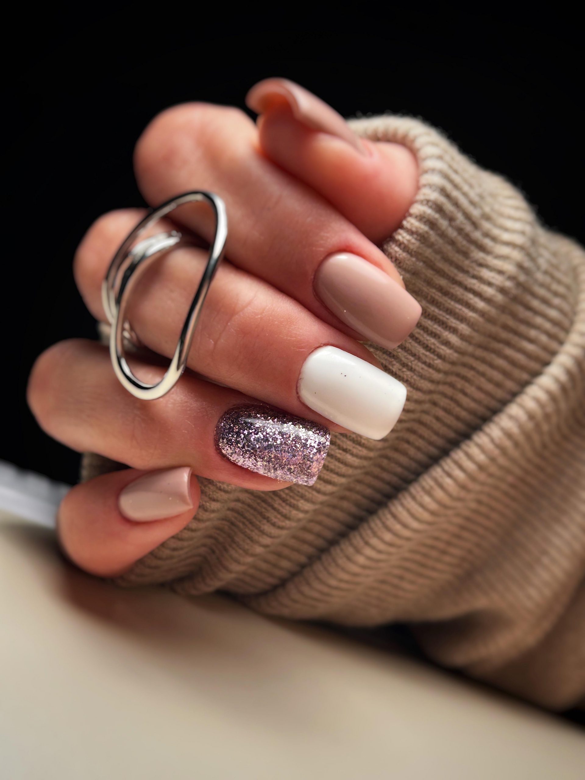 Chic Matte Beige with Rose Gold Glitter Accents Chic Matte Beige with Rose Gold Glitter Accents — Cute Winter Nails