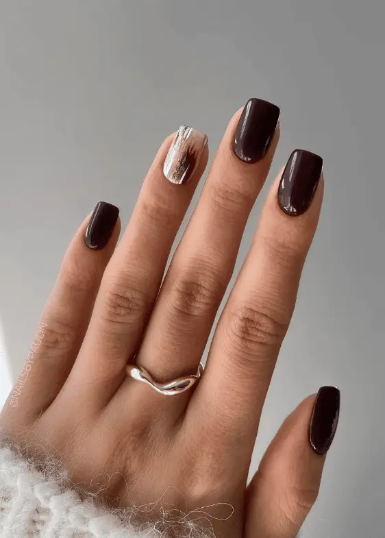 Dark Brown Square Nails with Gold Foil Accent Dark Brown Square Nails with Gold Foil Accent — Winter Nail Colors for Women Over 40