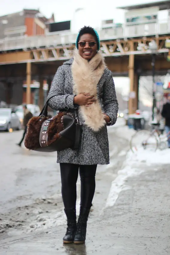 Textural Layers: Grey Wool Coat with Faux Fur Scarf Textural Layers: Grey Wool Coat with Faux Fur Scarf — Chicago Winter Outfits