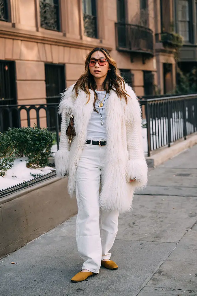 Statement White Faux Fur Coat with Wide-Leg Jeans — Classy Winter Outfits