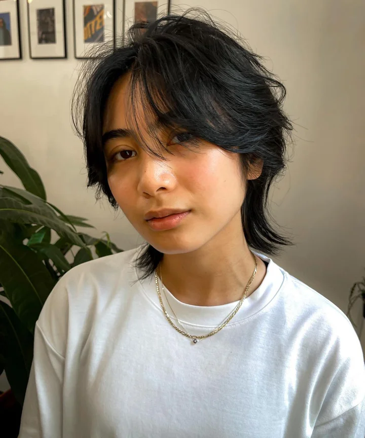Short Shaggy Mullet With Choppy Bangs Short Shaggy Mullet With Choppy Bangs — Winter Haircuts for Wavy Hair