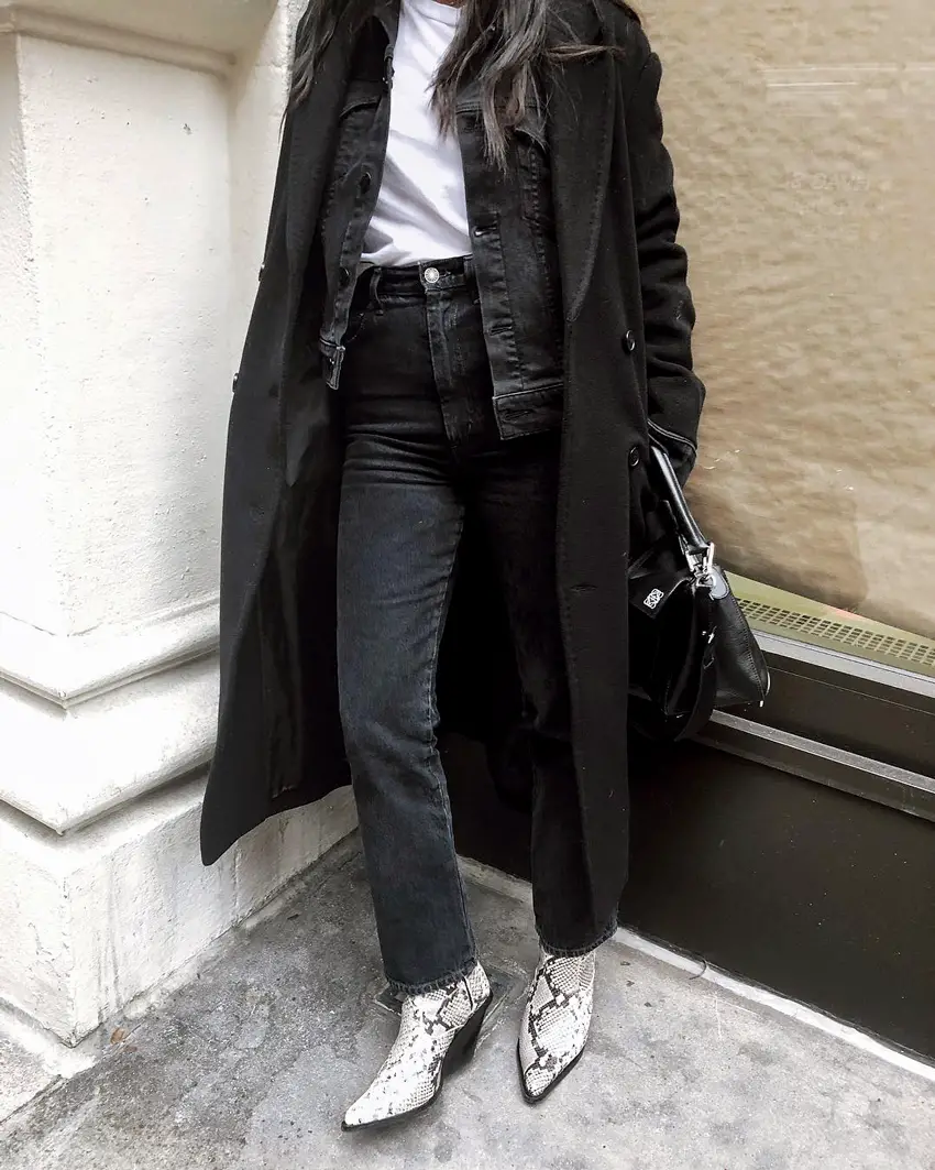 Monochromatic Layered Look with a Long Black Coat — Winter Outfits for Petite Women