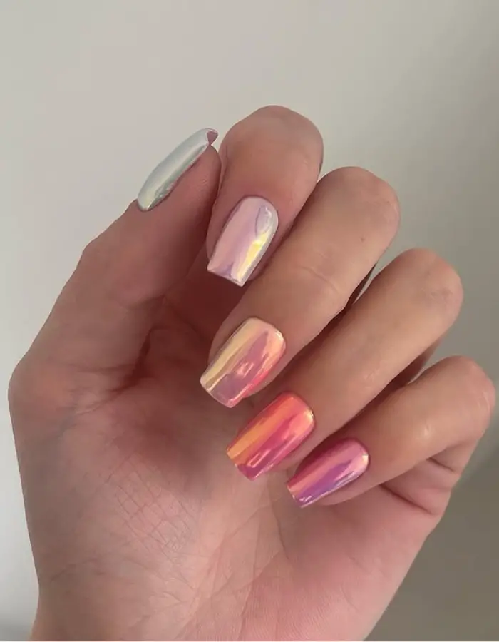 Iridescent Pink Orange Yellow Blue Chrome Squares — Chrome Nail Designs