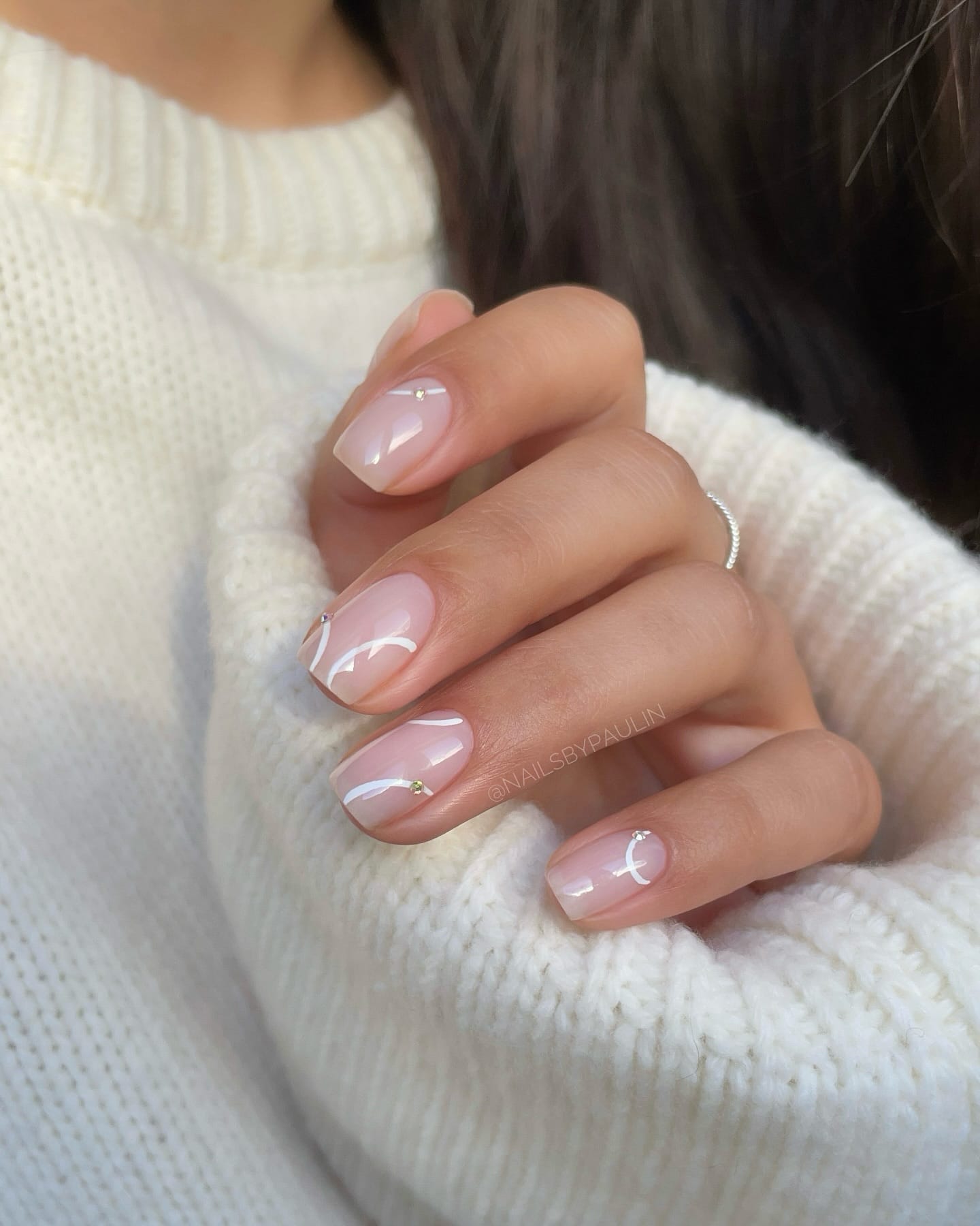 Sheer Nude Lines and Gold Beads Sheer Nude Lines and Gold Beads — Short Winter Gel Nails
