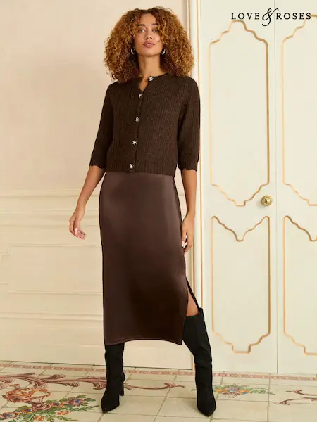 Chocolate Brown Ribbed Cardigan and Satin Skirt Set — Chocolate Brown Outfits