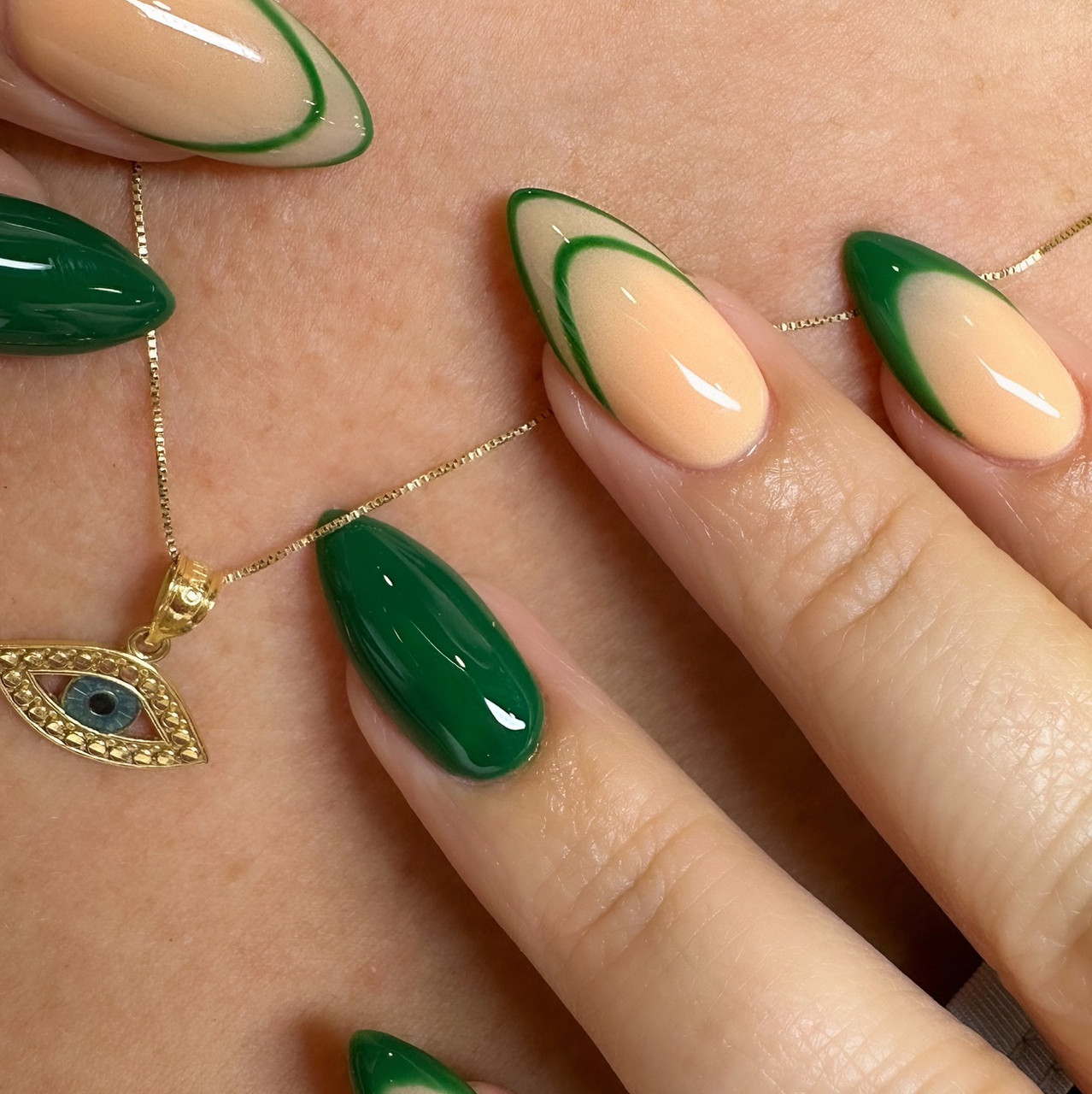 Sharp Emerald French Tips on Nude Sharp Emerald French Tips on Nude — Emerald Green Nails