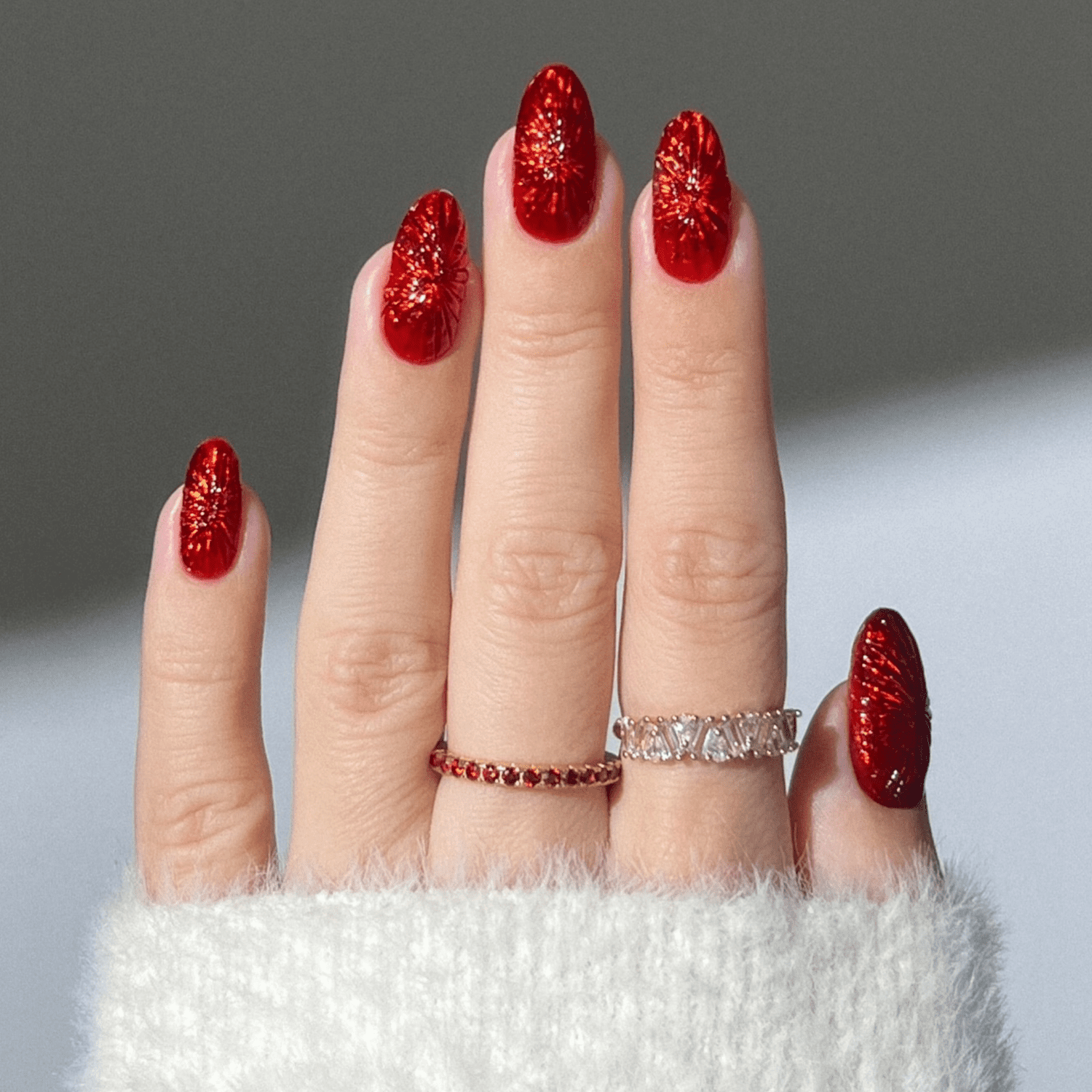 Textured Foil Red Oval Nails Textured Foil Red Oval Nails — Winter Acrylic Nails