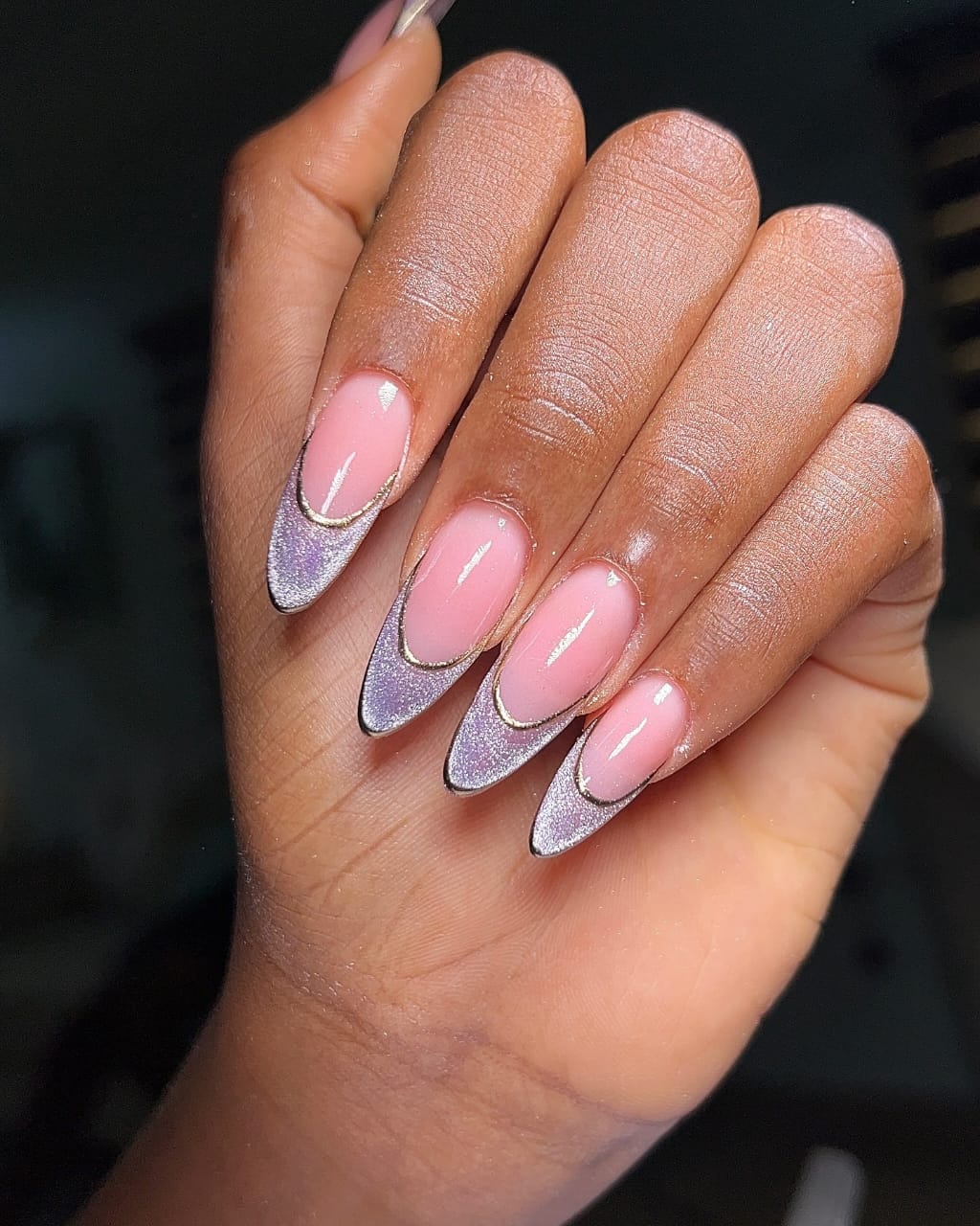 Sheer Pink Stiletto with Silver Glitter French Tips Sheer Pink Stiletto with Silver Glitter French Tips — Classy Simple Nail Designs