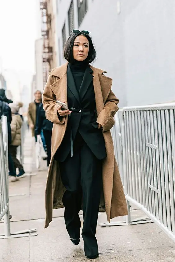 Chic Camel Coat Over Tailored Black for Sophisticated Western Winter — Western Winter Outfits