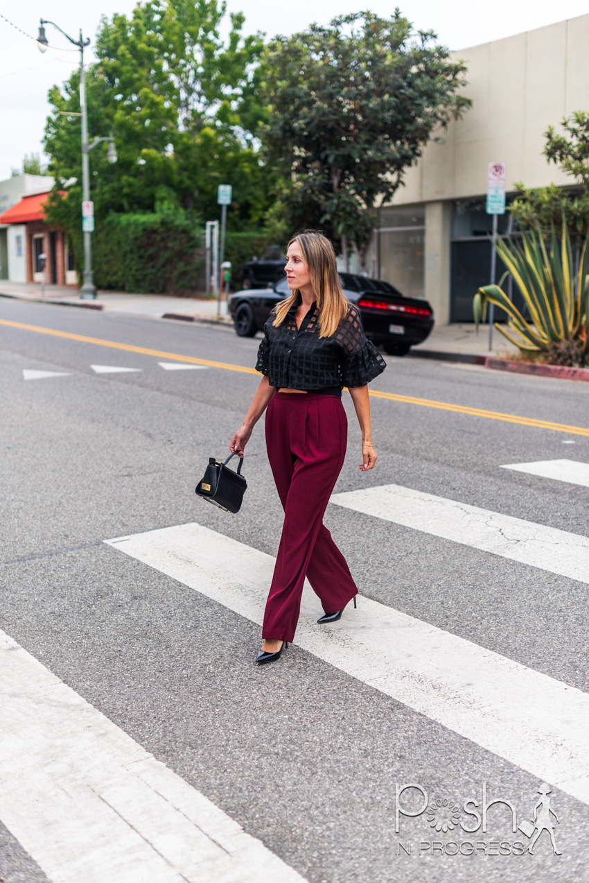 Elegant Burgundy Crepe Trousers with a Black Top for Business Casual Elegant Burgundy Crepe Trousers with a Black Top for Business Casual — Burgundy Outfits
