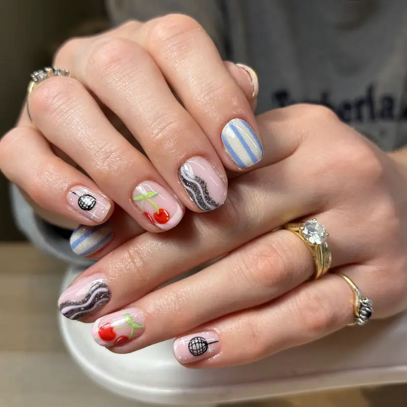 Short Oval Mixed Media Cherry Nails — Simple Nail Designs