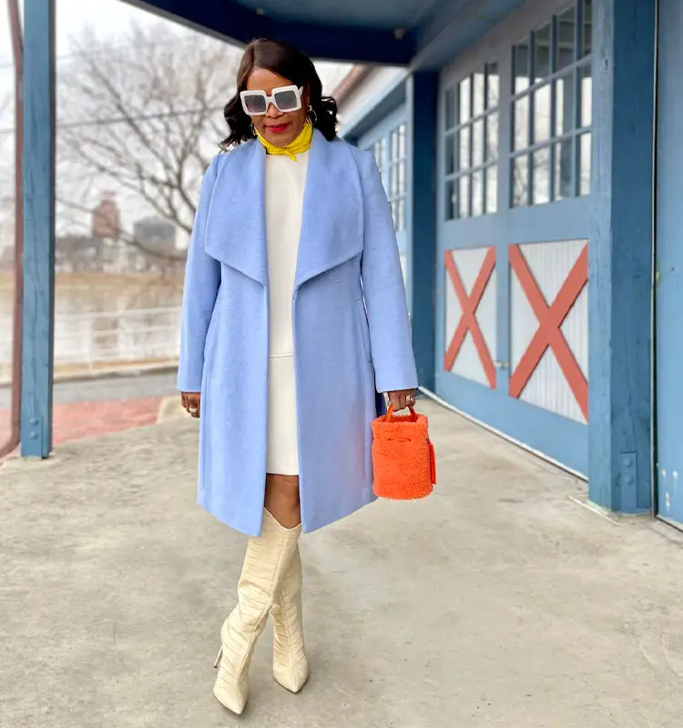Light Blue Wool-Blend Coat with A-Line Dress Light Blue Wool-Blend Coat with A-Line Dress — Early Winter Outfits