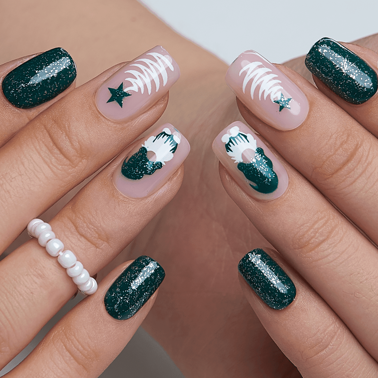 Nude Glitter Green French Christmas Trees Nude Glitter Green French Christmas Trees — Winter Squoval Nails