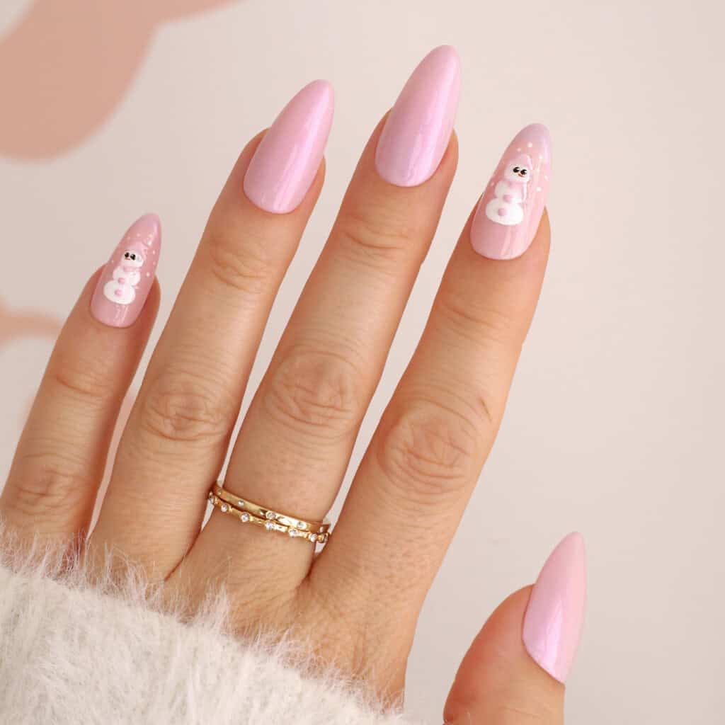 Pale Pink Snowman Art Almond Nails Pale Pink Snowman Art Almond Nails — Winter Oval Nails