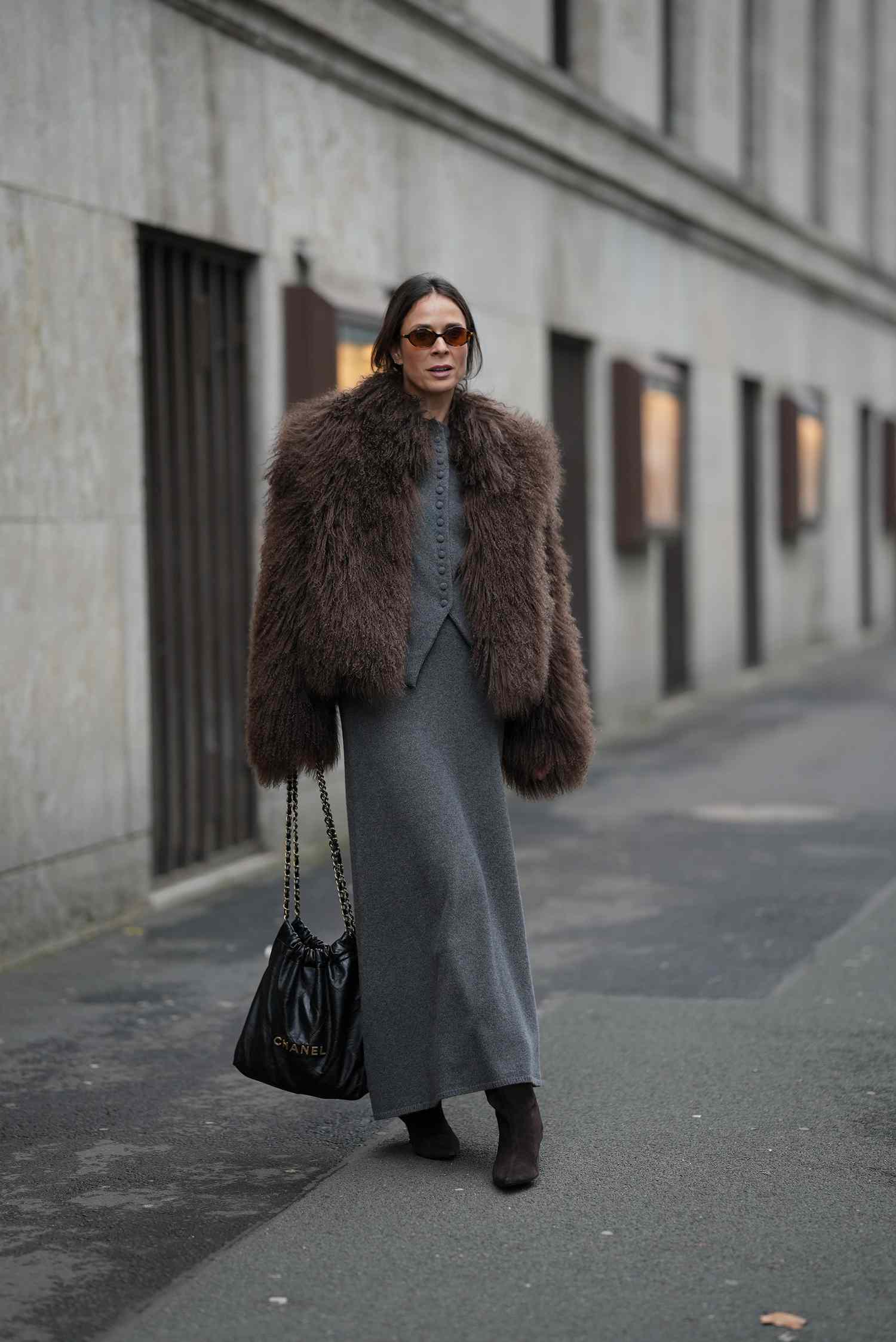 Sophisticated Maxi: Faux Fur Jacket Over Grey Dress and Vest Sophisticated Maxi: Faux Fur Jacket Over Grey Dress and Vest — Winter Outfits for Moms