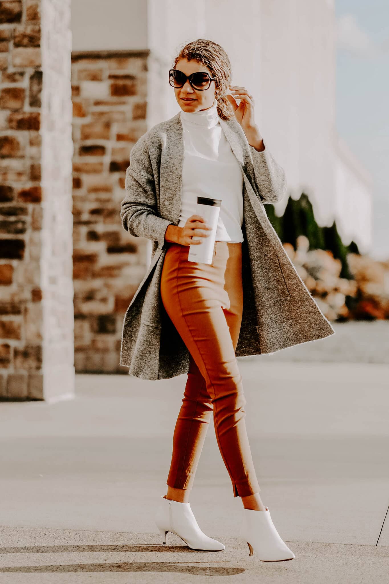 Cozy Long Cardigan with Turtleneck and Rust Pants — Fall to Winter Outfits