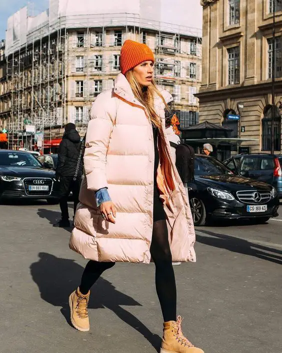 Pale Pink Puffer with Denim Shirt and Lace-Up Boots Pale Pink Puffer with Denim Shirt and Lace-Up Boots — Long Puffer Coat Outfits