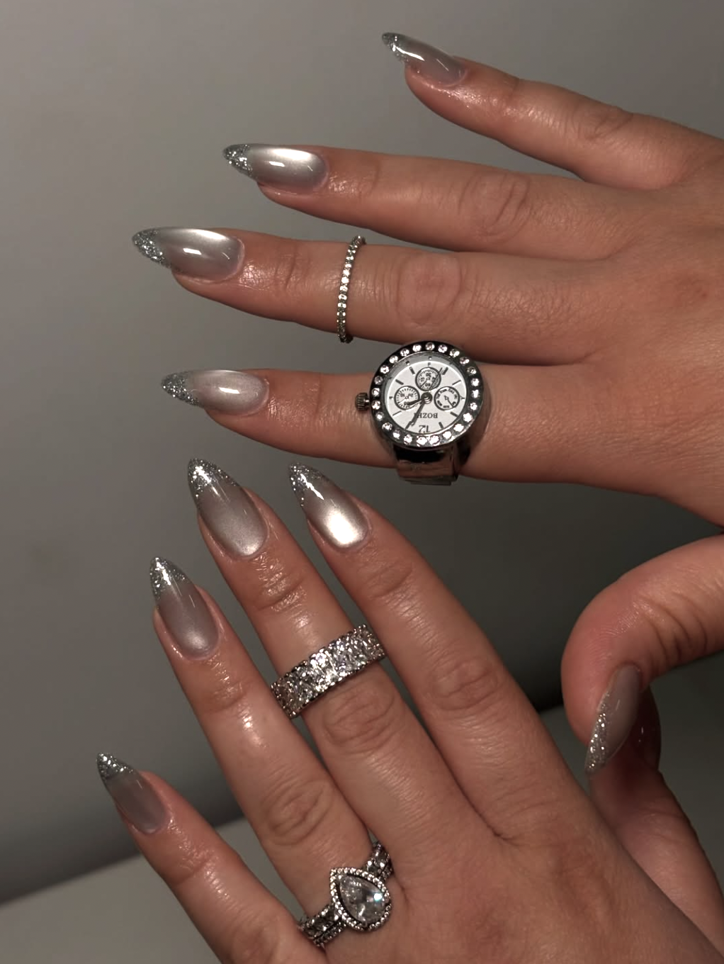 Chrome Grey Almonds with Silver Glitter Tips Chrome Grey Almonds with Silver Glitter Tips — Almond Nail Inspo