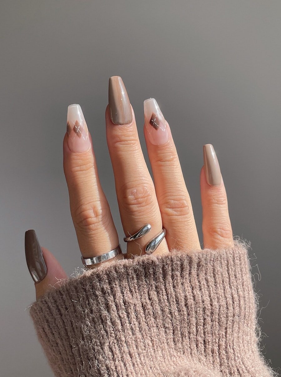 Brown Beige Argyle French Tips Brown Beige Argyle French Tips — Long Winter Nails