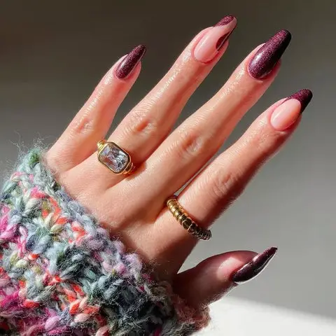Plum Glitter V-French Stiletto Nails — Winter Gel Nail Colors